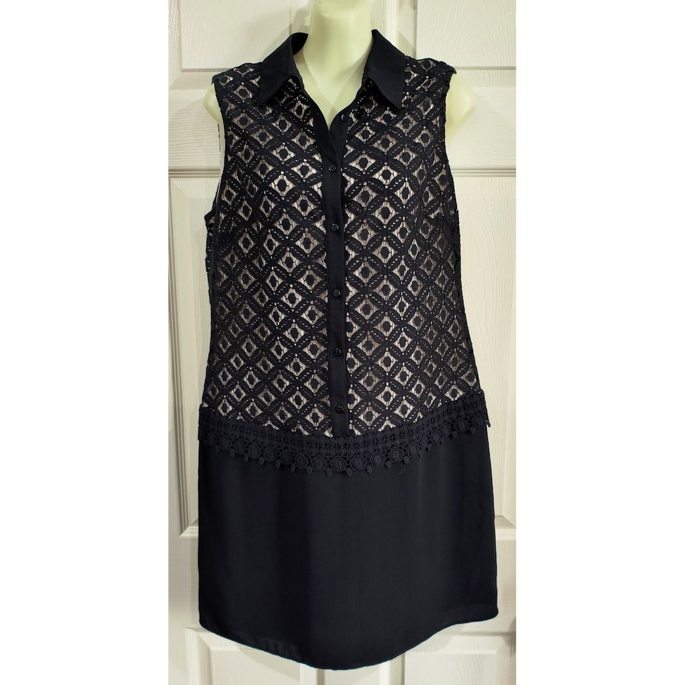 Coast Black Geometric Lace Sleeveless Shift Dress US 8 Collared Button Front LBD